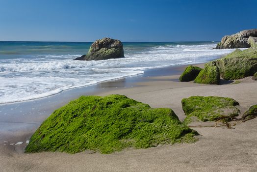 Moss Covered Rocks at Leo Carillo State Beach in Malibu, California.