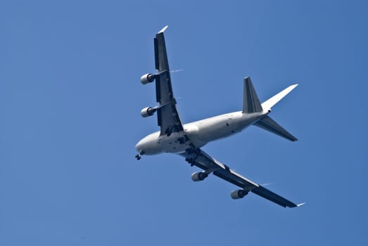 boeing 747-400 also known by the nickname jumbojet from el al israel airlines, image is shot in the airspace over Ixia in Rhodes.