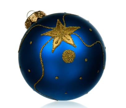 Big blue bauble for christmas firtree on white background