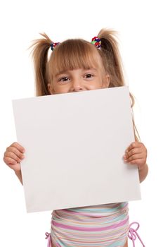 Little beautiful girl wearing pink swimsuit holding empty white board isolated on white background