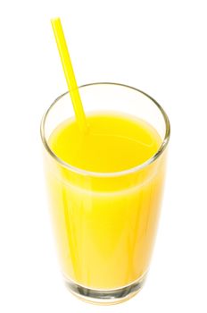 Glass of fresh orange juice with straw on white background