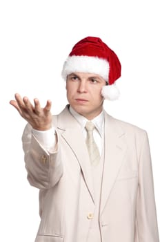 Portrait of handsome man in santa hat on white background