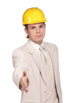 Portrait of handsome man with hard hat on white background