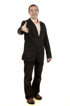 man in a suit gives a hand in greeting  white background