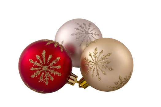 Christmas decoration - red, gold, and silver ball on a white background (isolated objects)