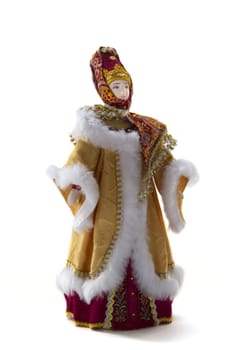 costume doll - a merchant woman in winter clothes on a white background  view - 2/3 on the right