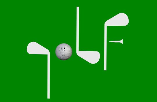 Golf spelled out with golf clubs and tee
