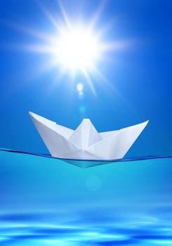 white paper toy-ship on the blue water under sun