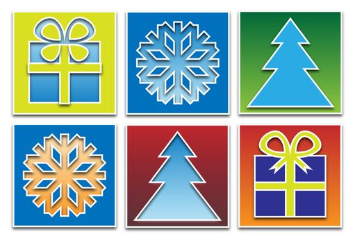 set of pictograms with Christmas tree and package and snowflakes