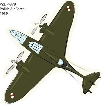 Sketch of PZL P-37B Polish Air Force combat plane over white