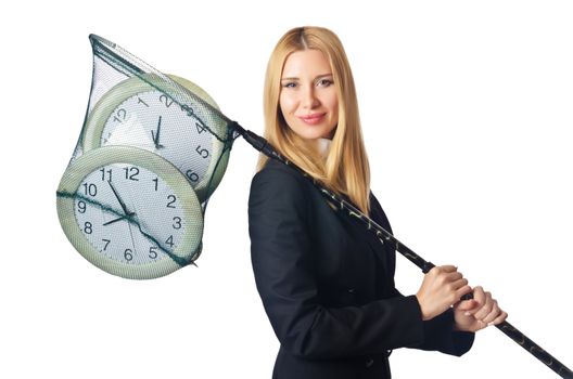 Businesswoman with net and clocks