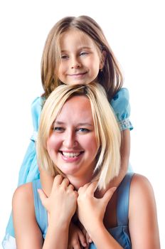 Happy mom and daughter on white