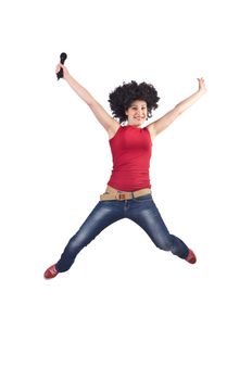 Woman with afro haircut on white