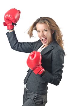 Young businesswoman in boxing concept