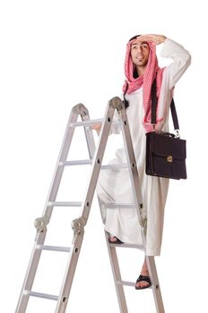 Arab Businessman climbing career ladder on white
