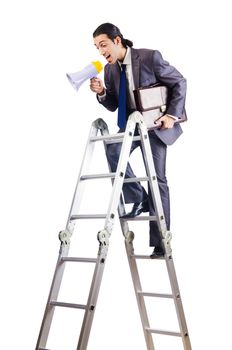 Businessman climbing career ladder on white