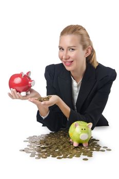 Woman breaking piggy bank for savings