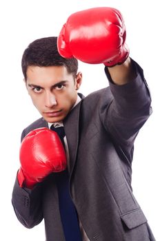 Businessman with boxing gloves on white