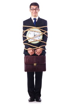 Businessman tied up with rope on white