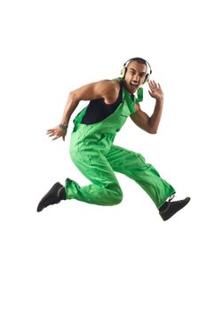 Construction worker jumping and dancing