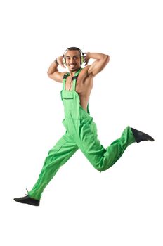 Construction worker jumping and dancing