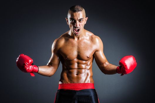 Boxer with red gloves in dark room