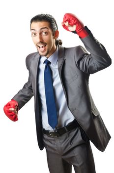 Businessman with boxing gloves on white