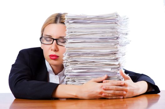 Woman businesswoman with lots of papers