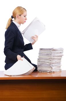 Woman businesswoman with lots of papers