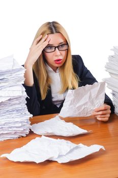 Woman businesswoman with lots of papers