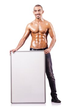 Naked man with blank board