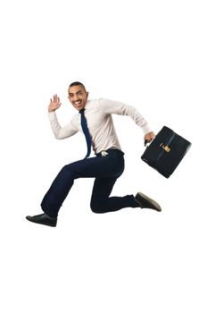 Jumping businessman in business concept on white