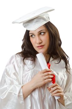 Happy student celebrating graduation on white