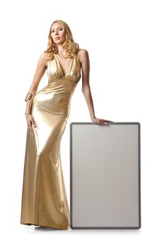 Woman in golden dress with blank board