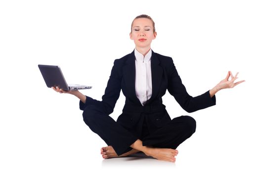 Businesswoman meditating isolated on white