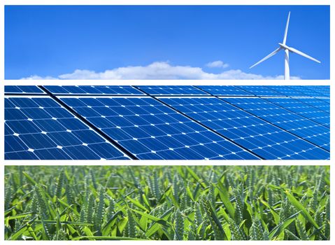 Wind turbine, solar panels and wheat field. Renewable energy banners
