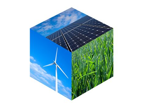 Wind turbine, solar panels and wheat field. Renewable energy photos in a cube