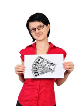 businesswoman holding poster  with drawing money