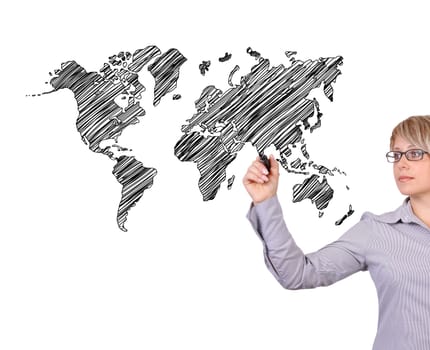 businesswoman drawing world map on white background