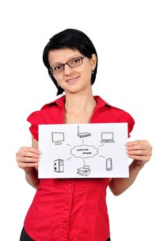 girl holding poster with scheme computer network
