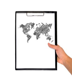 clipboard whit drawing world map in hand