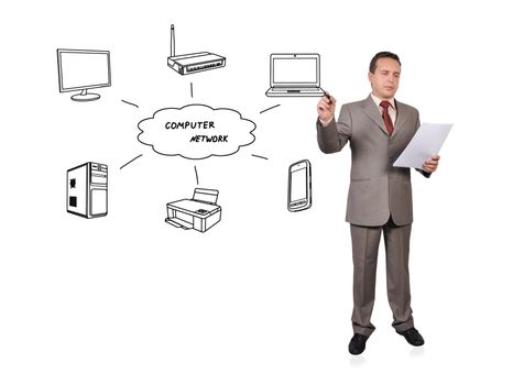 businessman drawing computer network on white background
