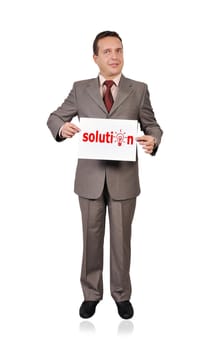 businessman holding poster with solution