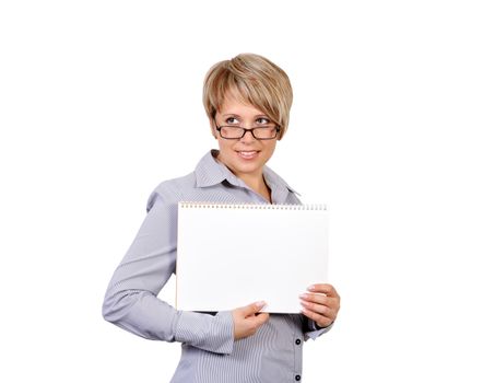 businesswoman holding a blank placard