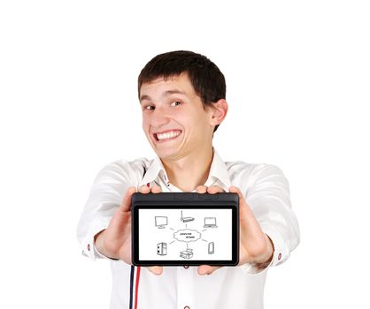 man and digital tablet with computer network  in a hand