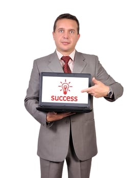 businessman and notebook with success symbol