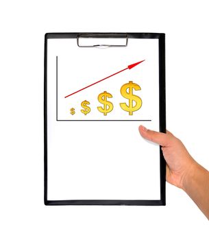 clipboard and scheme profits dollar in hand