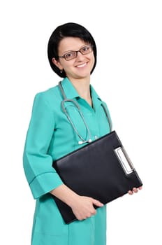 happy smiling young female doctor with clipboard