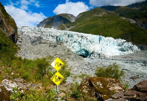 Warning signs at Fox Glacier terminal face