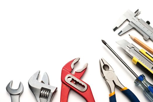 Group of used tools on white background